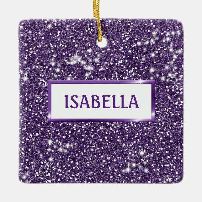 Faux Purple Glitter Texture Look With Name Ceramic Ornament (Front)