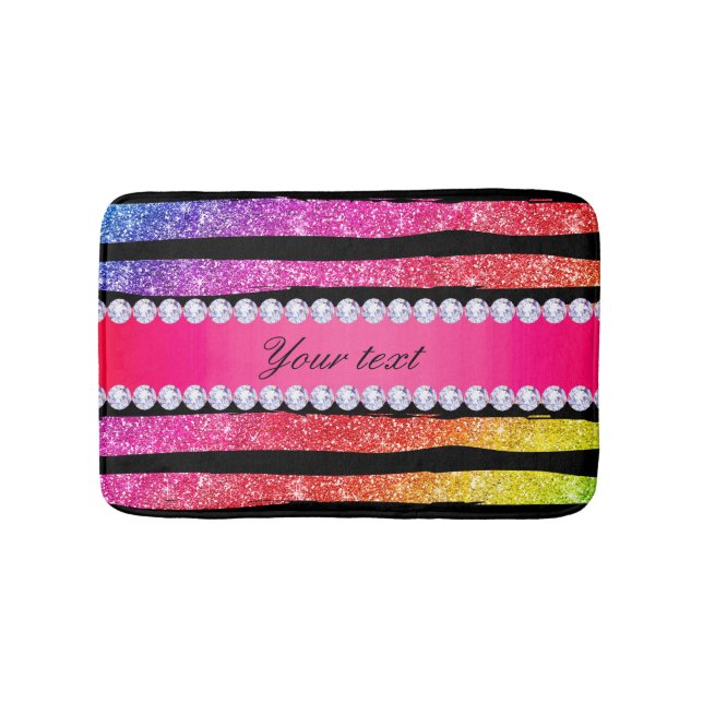 Faux Rainbow Neon Glitter Stripes Diamonds Black Bath Mat (Front)