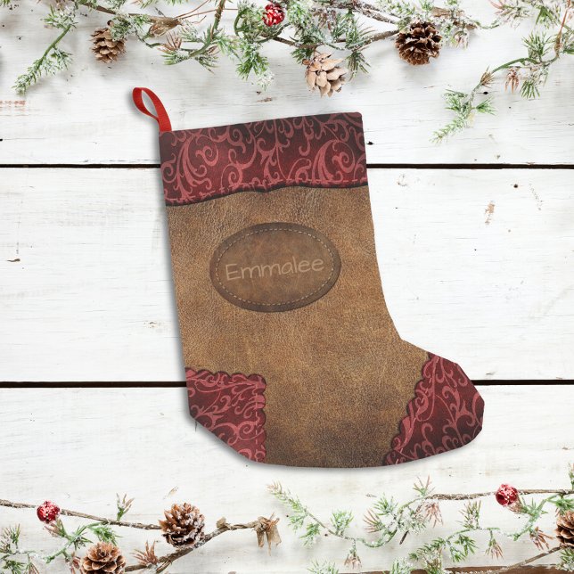 Faux Red Brown Monogram Leather Small Christmas Stocking (Creator Uploaded)