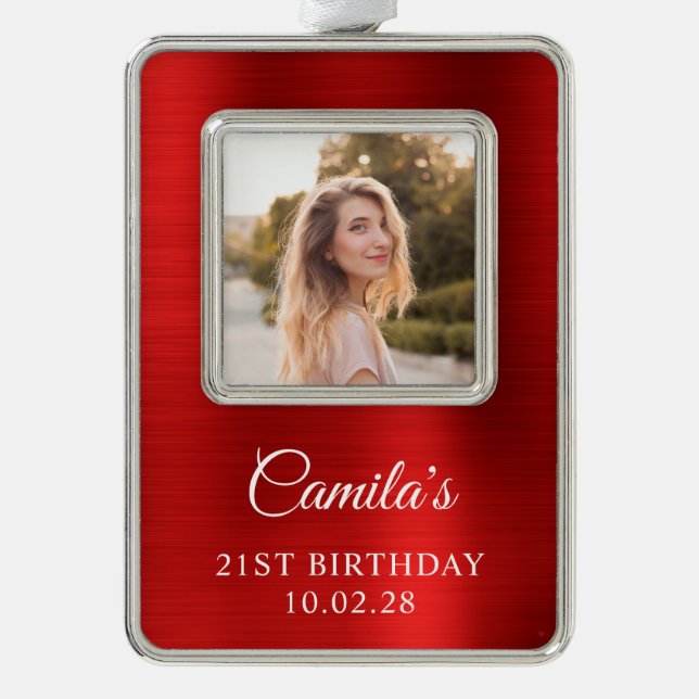Faux Red Foil 21st Birthday Photo Silver Plated Framed Ornament (Front)