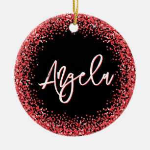 Faux Red Glitter Black Photo Ceramic Tree Decoration