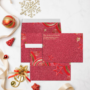 Faux Red Glitter Gold Star Christmas Envelope