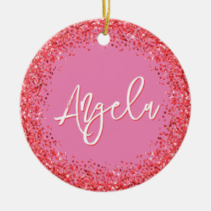 Faux Red Glitter Pink Photo Ceramic Tree Decoration
