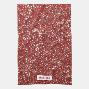 Faux Red Glitter Texture Look With Custom Name Tea Towel