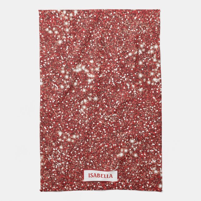Faux Red Glitter Texture Look With Custom Name Tea Towel (Vertical)