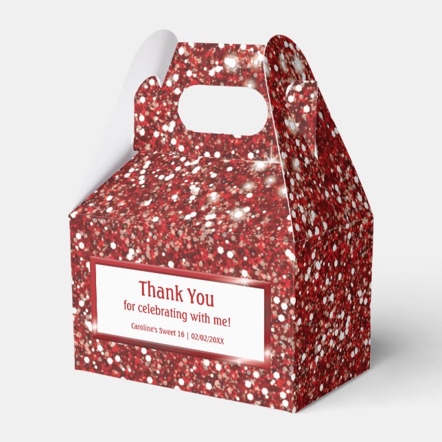 Faux Red Glitter Texture Look With Custom Text Favour Box (Front Side)