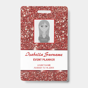 Faux Red Glitter Texture Look With Custom Text ID Badge