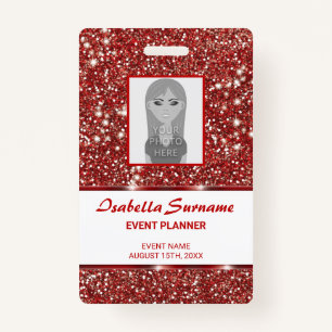 Faux Red Glitter Texture Look With Custom Text ID Badge