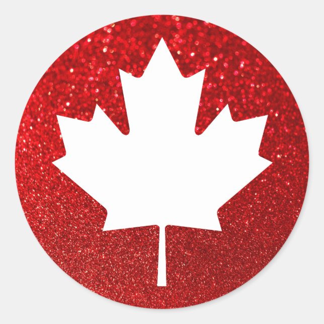 Faux Red Glitter White Maple Leaf Classic Round Sticker (Front)