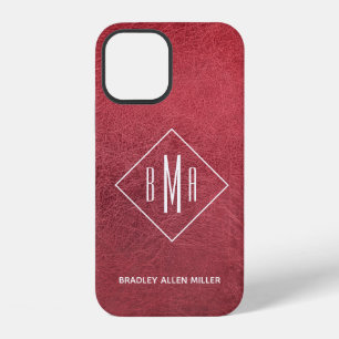 Faux Red Leather White Monogram Personalised iPhone 12 Case