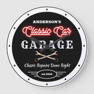 Faux Red Neon Classic Car Garage Any Name Large Clock