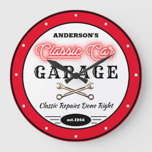 Faux Red Neon Classic Car Garage Any Name Large Clock