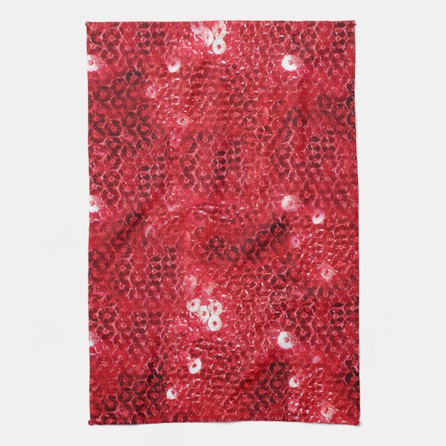 Faux Red Sequin Pattern Image Tea Towel (Vertical)