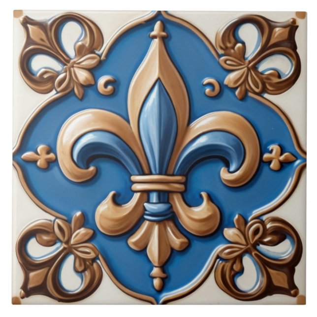 Faux Relief Blue & Gold Fleur de Lis Tile (Front)