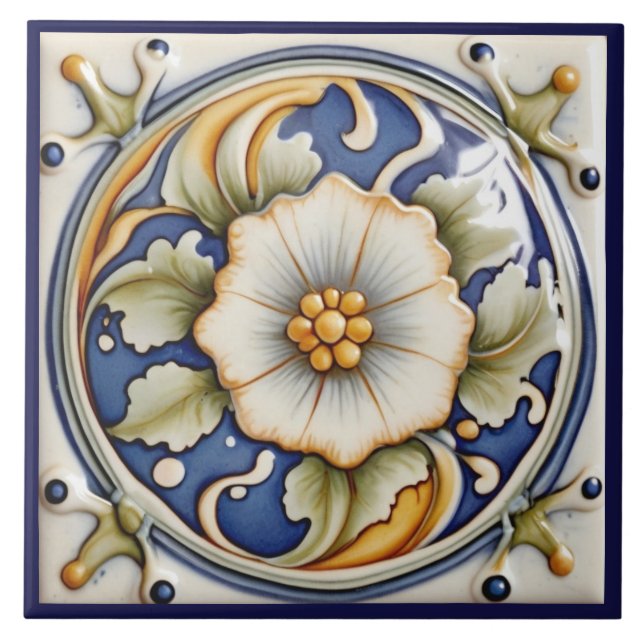 Faux Relief Flower Art Deco Blue White Floral Tile (Front)