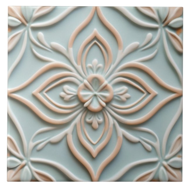 Faux Relief Mint Blue Flower Boho Floral Tile (Front)
