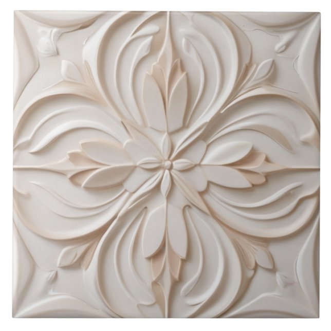 Faux Relief Pastel Beige & White Decorative Flower Tile (Front)