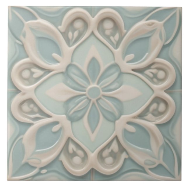 Faux Relief Pastel Mint Blue & White Floral Tile (Front)