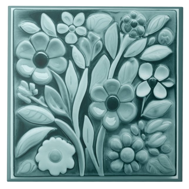 Faux Relief Turquoise Teal Floral Flowers Tile (Front)