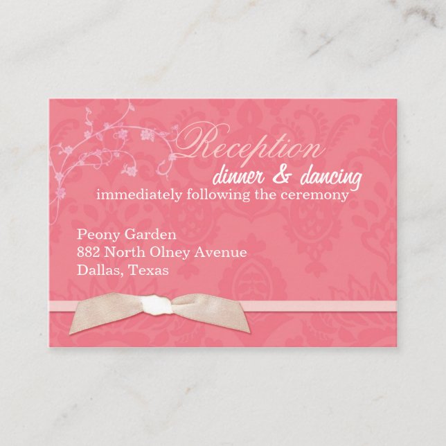 Faux Ribbon Coral Pink Wedding Reception Enclosure Card (Front)
