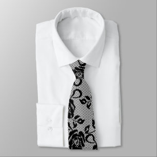 Faux Romantic Black Roses Lace Fishnet Neck Tie