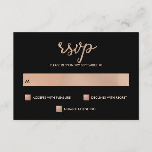 Faux Rose Gold and Black Bokeh Heart Wedding RSVP Card
