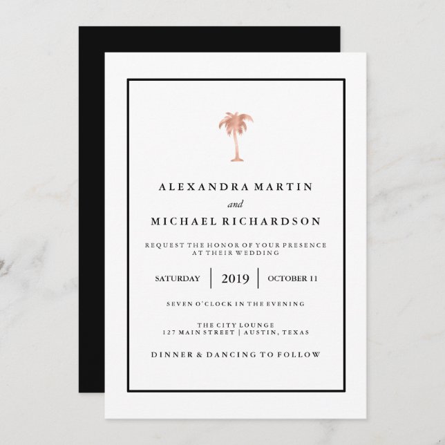 Faux Rose Gold and Black Palm Tree | Glam Wedding Invitation (Front/Back)