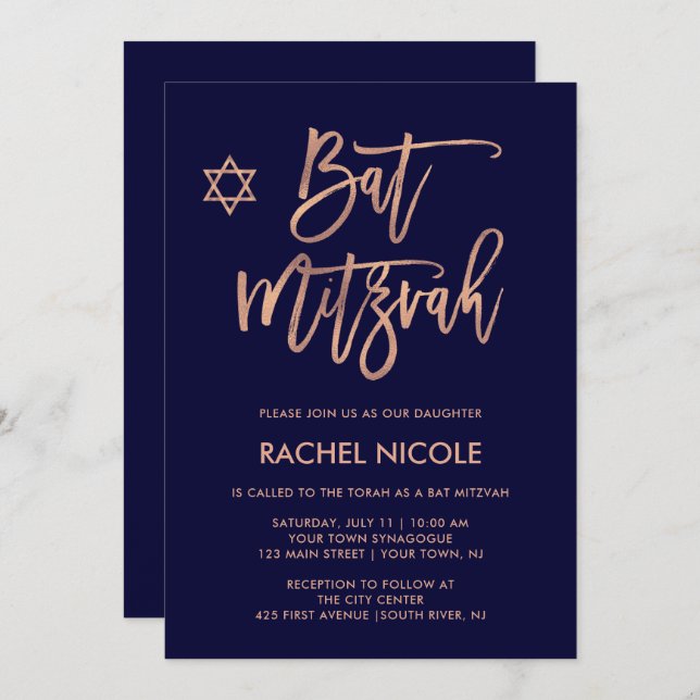 Faux Rose Gold and Navy Blue | Bat Mitzvah Invitation (Front/Back)