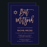 Faux Rose Gold and Navy Blue | Bat Mitzvah Invitation<br><div class="desc">These trendy and elegant Bat Mitzvah invitations feature modern,  faux rose gold look script typography on a dark,  navy blue background with a matching Star of David.</div>