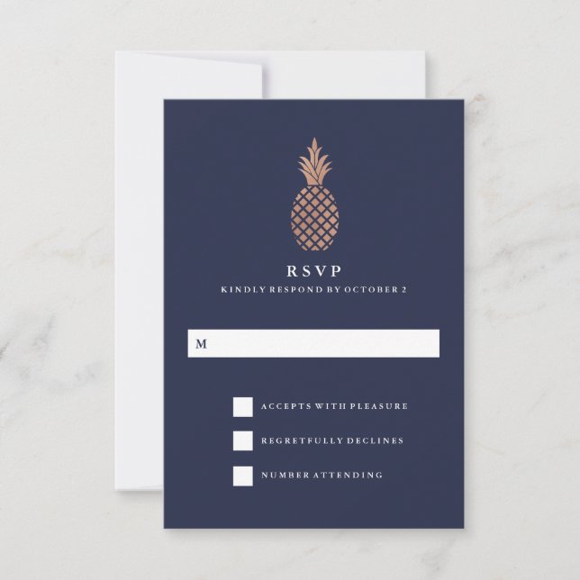 Faux Rose Gold and Navy Pineapple Wedding RSVP (Front)