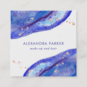 Faux Rose Gold and Watercolor Blue Geode Square Business Card