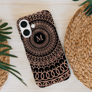 Faux Rose Gold & Black Intricate Mandala Monogram iPhone 16 Case
