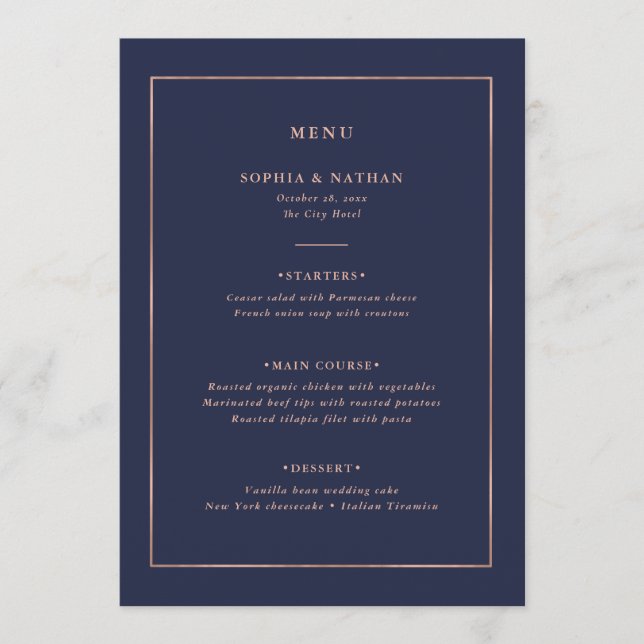 Faux Rose Gold Border on Midnight Blue Wedding Menu (Front)
