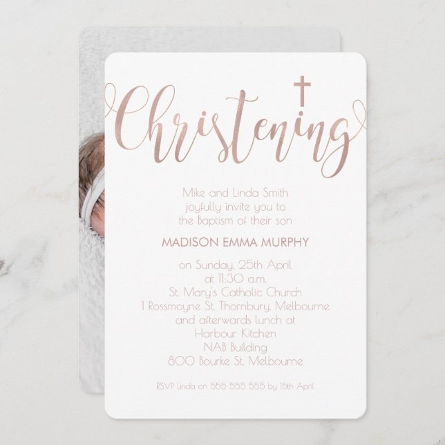 Faux Rose Gold Calligraphy Christening Invitation (Front/Back)