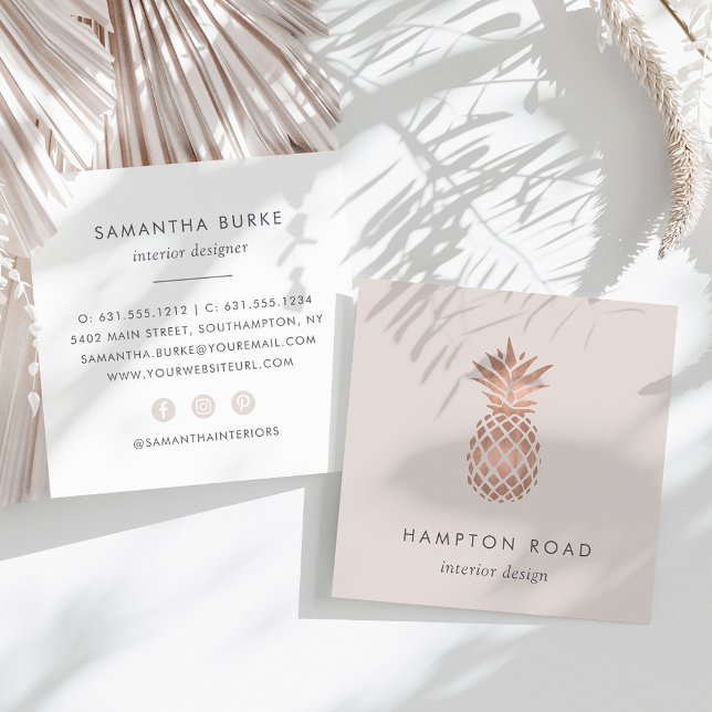 Faux Rose Gold & Cameo Blush Pineapple Square Business Card (Creator Uploaded)