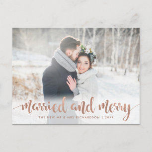 Faux Rose Gold Christmas Photo Married and Merry Holiday Postcard