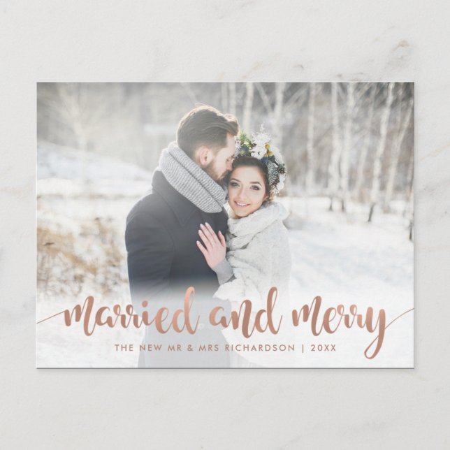 Faux Rose Gold Christmas Photo | Married and Merry Holiday Postcard (Front)