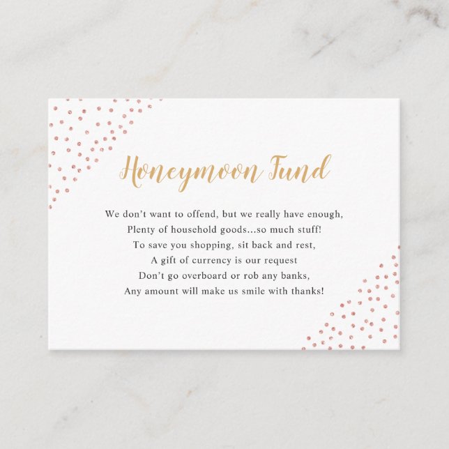 Faux Rose Gold Confetti Honeymoon Fund Enclosure Card (Front)