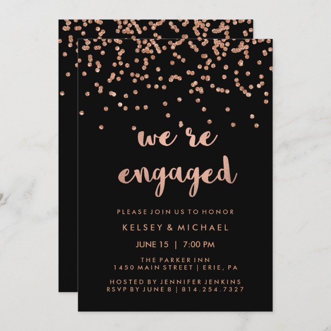 Faux Rose Gold Confetti on Black Engagement Party Invitation (Front/Back)