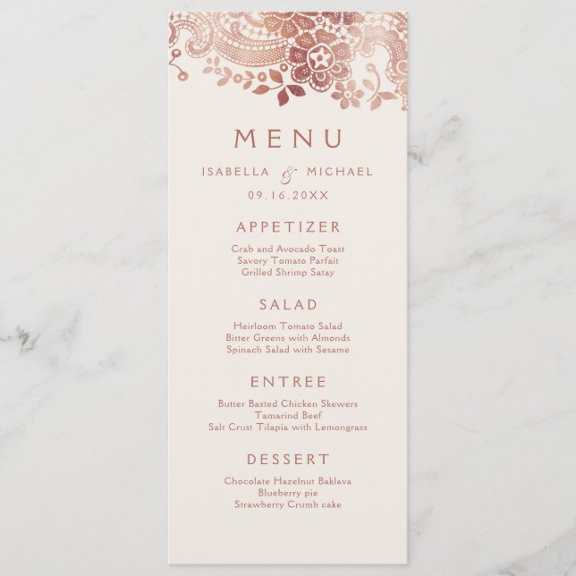 Faux rose gold elegant vintage lace wedding menu (Front)