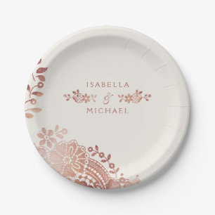 Faux rose gold elegant vintage lace wedding paper plate