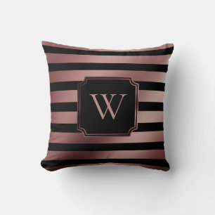 Faux Rose Gold Foil and Black Stripes w/ Monogram Cushion