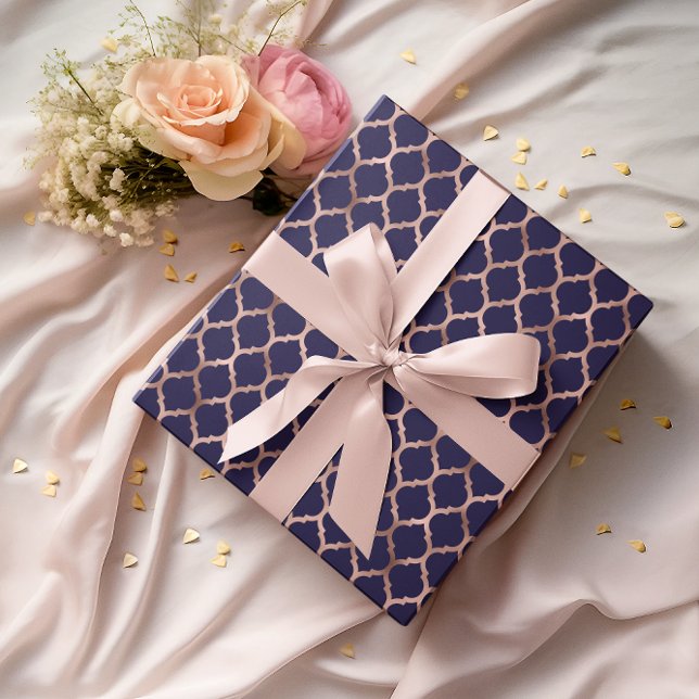 Faux Rose Gold Foil and Navy Blue Quatrefoil Wrapping Paper (Faux Rose Gold Foil and Navy Blue Quatrefoil Wrapping Paper)
