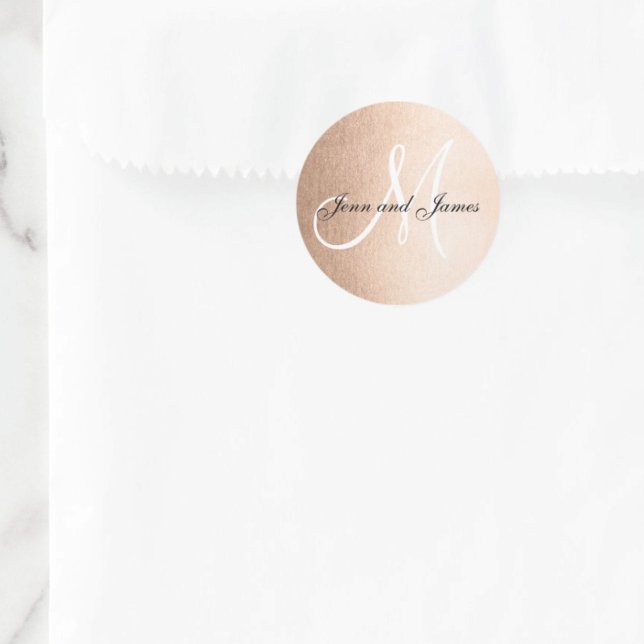 Faux Rose Gold Foil Black Wedding Favour Initial Classic Round Sticker (Creator Uploaded)