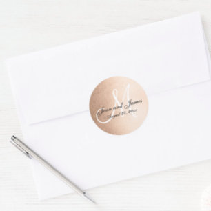 Faux Rose Gold Foil Black Wedding Favour Initial Classic Round Sticker