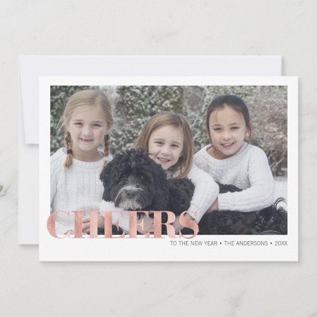 Faux Rose Gold Foil Cheers New Year's Photo Card (Front)