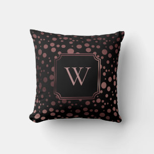 Faux Rose Gold Foil Circles with Monogram on Black Cushion