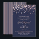 Faux Rose Gold Foil Confetti Blue Bat Mitzvah Invitation<br><div class="desc">Invite family and friends to your daughter Bat Mitzvah with this modern and elegant invitation. It features faux rose gold confetti dots and stripes pattern on dark blue background. Personalise by adding name,  date,  time,  venue and other event details. Matching items are available.</div>