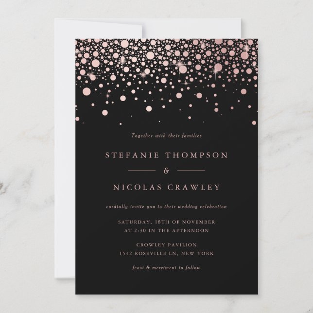 Faux Rose Gold Foil Confetti Dots Black Wedding Invitation (Front)