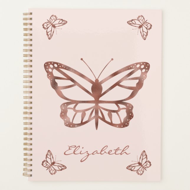 Faux Rose Gold Foil Look Butterflies & Custom Text Planner (Front)